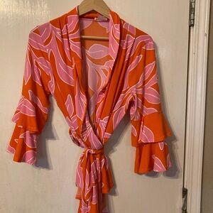 VENUS Orange and Pink Floral leaf Printed Wrap Blouse Size XL